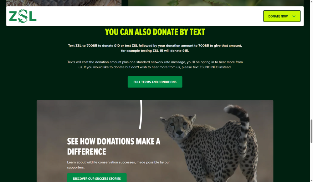 ZSL donate by text screenshot